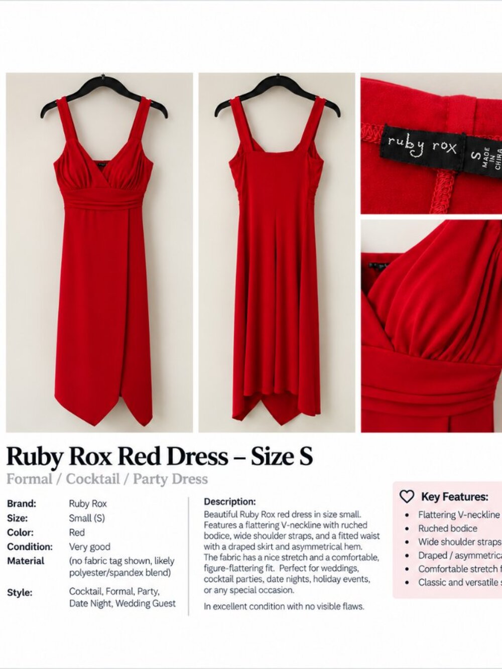 Ruby Rox Red Ruched V-Neck Dress Size Small – Cocktail / Wedding Guest